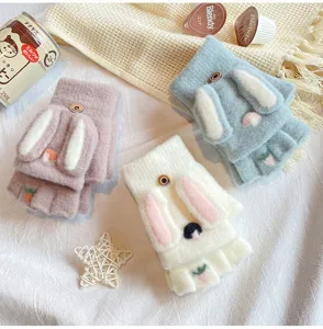 Women half finger flip warm gloves with cute rabbit ears and plush design for winter daily wear