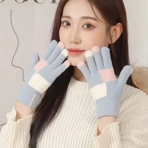 Guanti Invernali Caldi in Peluche a Quadri da Donna Guanti Touch Screen Carini Studente Blocco Colore Dita Separate Lavorati a Maglia