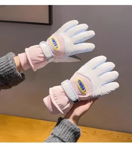Detail shot of winter thermal cycling gloves, pink and white design with fleece lining, touchscreen.