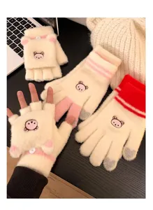 Cute bear embroidery knitted gloves winter warm fingerless touchscreen mittens women