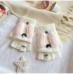 White plush half-finger rabbit ear gloves detail view, cute winter warm convertible mittens.