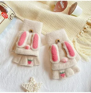 Cute rabbit ear knit fingerless gloves, winter warm convertible half-finger gloves for women.
