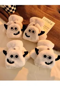 Cute fuzzy half-finger gloves for women winter thick warm flip convertible mittens for daily use