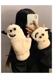 Cute fluffy half-finger gloves for women, winter thickened warm convertible fingerless design.