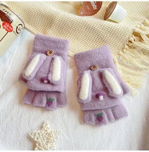 Cute purple knit half-finger flip gloves with fluffy rabbit ears for warm winter daily wear.