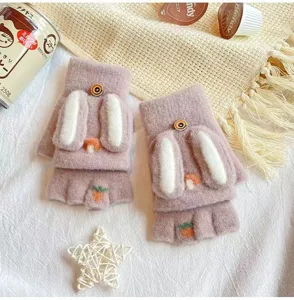 Women knit half-finger flip warm gloves cute rabbit ears plush winter cozy mittens