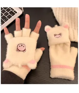Cute bear embroidery knitted fingerless wool gloves for women winter warm flip cover mittens.