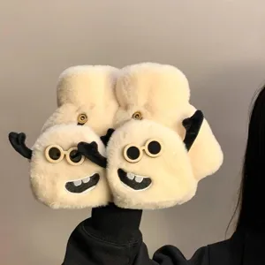 Cute Cartoon Monster Plush Half Finger Gloves Winter Warm Thick Flip Cover Fingerless Mittens For Women Students