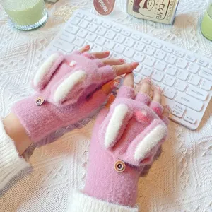 Cute rabbit ear knit half finger gloves winter warm flip top design soft cozy pink fabric detail