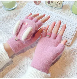 Women's cute rabbit ear half-finger knitted gloves winter warm convertible fingerless mittens
