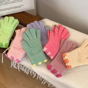 Macaron color coral fleece knit touchscreen gloves for women, warm and thick winter wear.