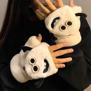 Cute plush half-finger gloves winter warm flip cover thick funny cartoon student gloves