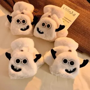 Cute fuzzy plush half finger gloves for women winter warm cartoon monster design mittens.