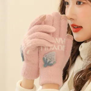 Women winter warm knit touchscreen gloves cute fleece lined strawberry wool mittens