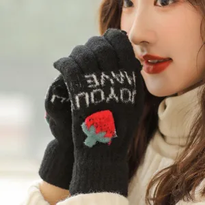 Women winter warm knit gloves cute strawberry touchscreen gloves soft thermal mittens