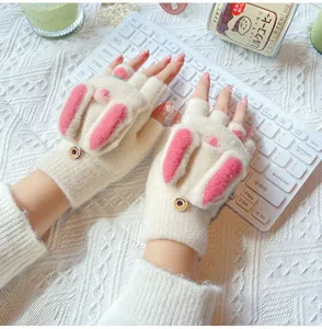 Cute rabbit ear half finger knit gloves for women warm winter winter fleece fingerless gloves