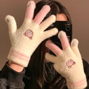 Cute bear embroidered knit gloves for women winter warm touch screen wool warm mittens