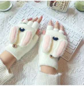 Cute rabbit ear knit half finger gloves for women winter warm flip top convertible gloves