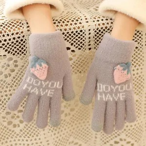 Grey knit touch screen gloves for women featuring cute strawberry pattern and cozy warm design.