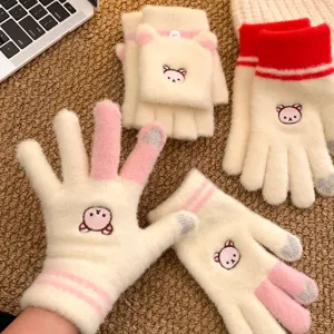 Cute bear embroidery knitted touch screen gloves for women winter warm thermal mittens.