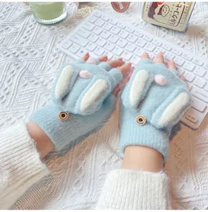 Cute blue knit fingerless gloves with plush rabbit ears, winter warm half-finger gloves.