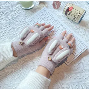 Women winter warm half finger flip gloves cute rabbit ears plush knitted gloves for typing