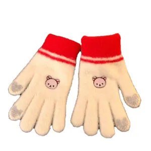 Cute bear embroidery knitted winter gloves for women warm touchscreen five finger mittens white