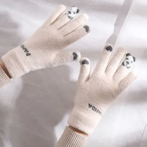 Women Winter Warm Touchscreen Knitted Gloves Cute Panda Pattern Soft Fleece Daily Wear