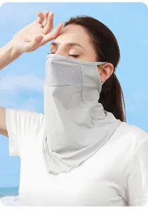 Sun protection face mask detail view showing breathable mesh and UV blocking neck cover fabric.