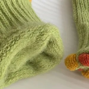 Green fuzzy winter knit gloves for women with cute colorful fingertips warm and cozy accessory