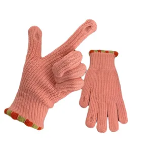 Women winter knit touch screen gloves, warm woolen fingerless cycling mittens pink.