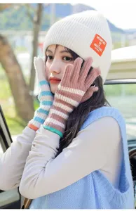 Women knitted winter warm gloves and beanie set striped touchscreen cute outdoor accessories