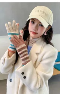 Knitted woolen warm gloves for women winter long striped fingerless touch screen fashion style