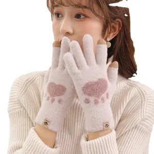 Winter warm touch screen knit gloves for women cute cat paw design thick soft mittens
