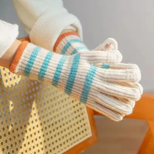 Women Striped Knitted Fingerless Gloves Warm Winter Fashion Cozy Long Wrist Mittens