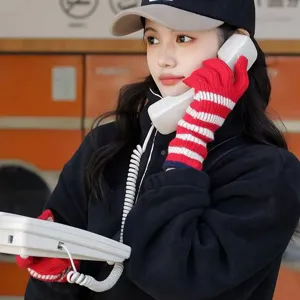 Women winter warm knit striped gloves fingerless long arm warmers outdoor fashion daily wear