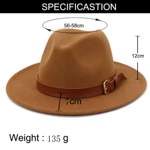 Classic wool felt fedora hat with leather belt and metal buckle, stylish autumn winter headwear.