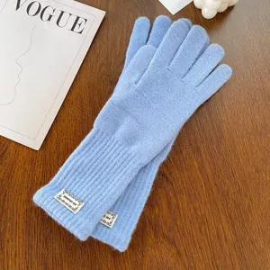 Autumn winter blue knitted touch screen gloves warm stylish solid color daily wear accessories