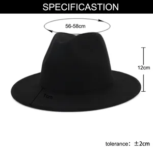 Classic black wool felt fedora hat for women, flat brim jazz hat with size specs 56-58cm.
