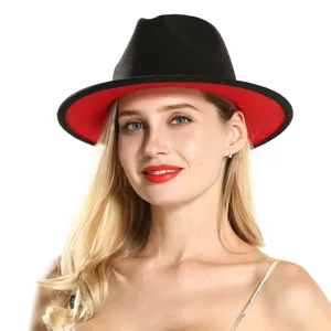 Womens Woolen Fedora Hat Color Block Flat Brim Jazz Cap Retro Elegant Winter Spring Fashion Headwear