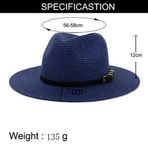 Blue straw fedora hat for women summer beach sun protection with belt detail 56-58cm