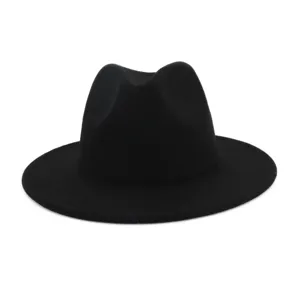 Detailed view of the classic black wool felt fedora hat, elegant flat brim design.