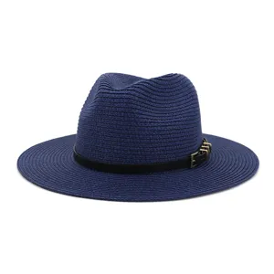 Details of navy blue women fedora straw hat with black PU belt and buckle for summer beach.