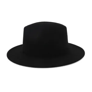 Detailed shot of the classic black felt fedora hat, highlighting the flat brim and crown.