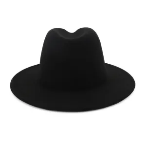Black wool fedora hat, classic flat brim jazz hat for women autumn winter fashion accessory detail view.