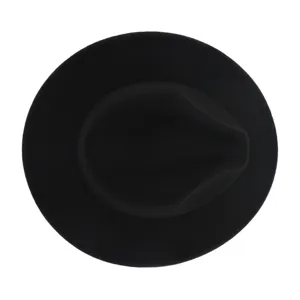Close-up detail of black wool fedora hat flat brim fashion style top view product photo