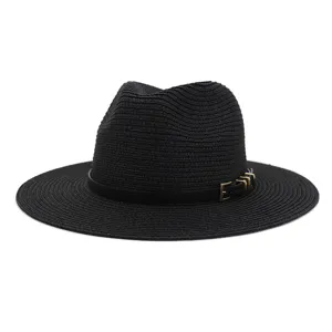 Black straw fedora hat for women, elegant sun protection beach hat with chic metal buckle detail.