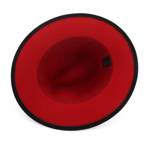 Stylish red and black color block wool fedora hat for women, flat brim jazz hat.