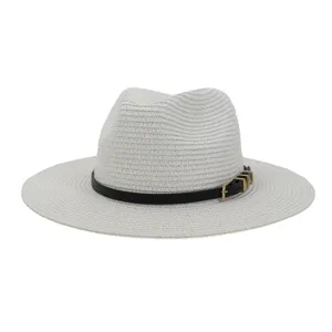 White straw fedora sun hat with black leather belt buckle for women summer beach travel outdoor