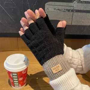 Winter knit half-finger gloves for students, touch screen compatible, warm and stylish.